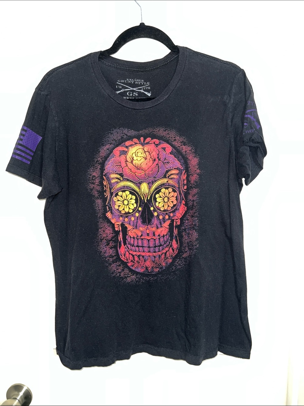Women’s Fitted Grunt Style Black Tee with Purple & Yellow Sugar Skull